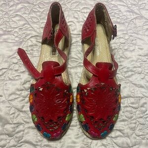 Mexican Leather sandals red with multicolored design and